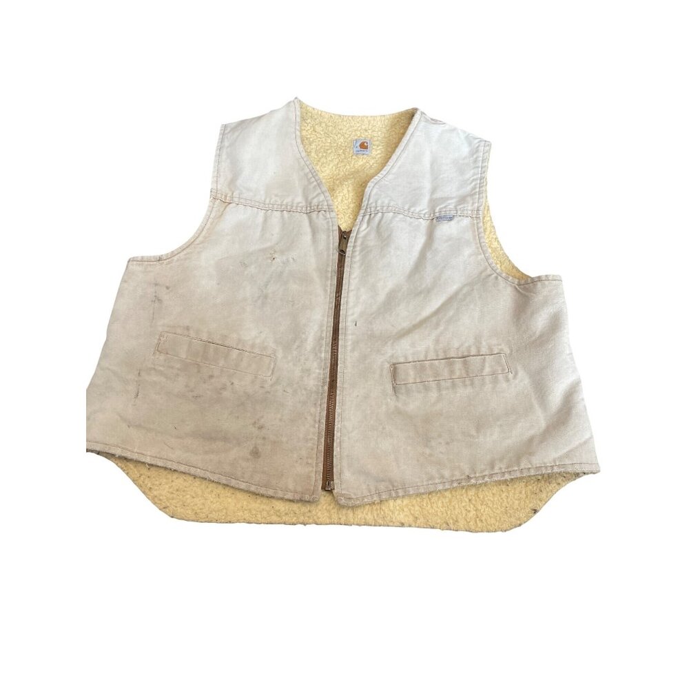 Carhartt Thrashed Heavily Worn Beige Sherpa-Lined Canvas Work Vest With Zipper
